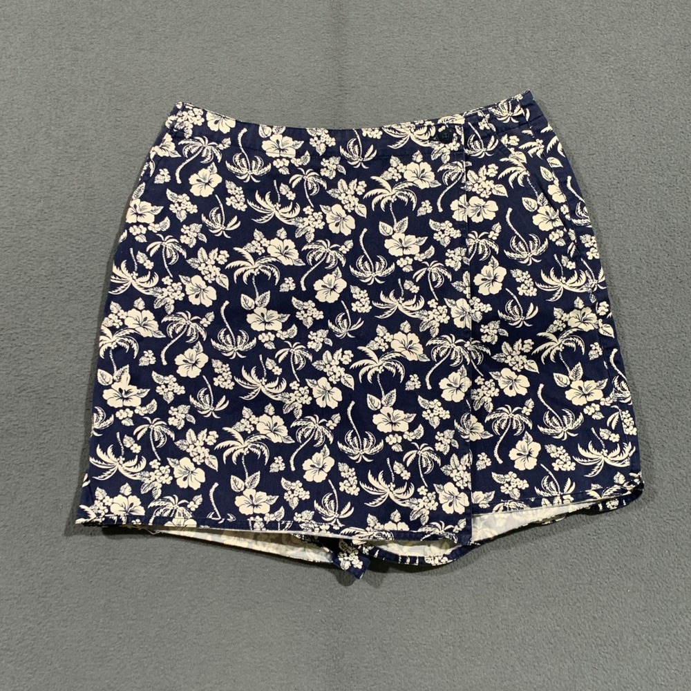 Dressbarn Womens‎ Navy Blue White Tropical Floral Palm Tree Cotton Skort Size 10